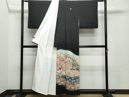 平和屋着物●豪華黒留袖　友禅　作家物　風景鴛鴦草花文　正絹　逸品　CAAZ8126vf