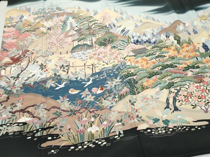 平和屋着物●豪華黒留袖　友禅　作家物　風景鴛鴦草花文　正絹　逸品　CAAZ8126vf