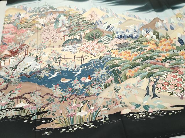 平和屋着物●豪華黒留袖　友禅　作家物　風景鴛鴦草花文　正絹　逸品　CAAZ8126vf