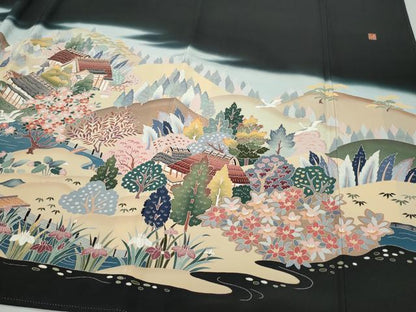 平和屋着物●豪華黒留袖　友禅　作家物　風景鴛鴦草花文　正絹　逸品　CAAZ8126vf