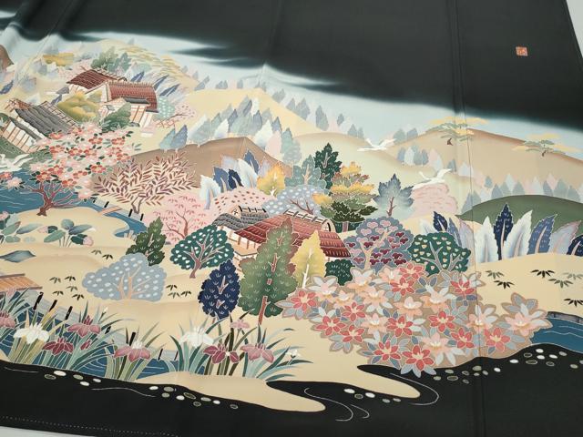 平和屋着物●豪華黒留袖　友禅　作家物　風景鴛鴦草花文　正絹　逸品　CAAZ8126vf
