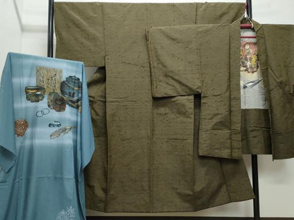 平和屋着物●男性　髭紬　アンサンブル・長襦袢セット　涅色　正絹　逸品　CAAZ8139vf