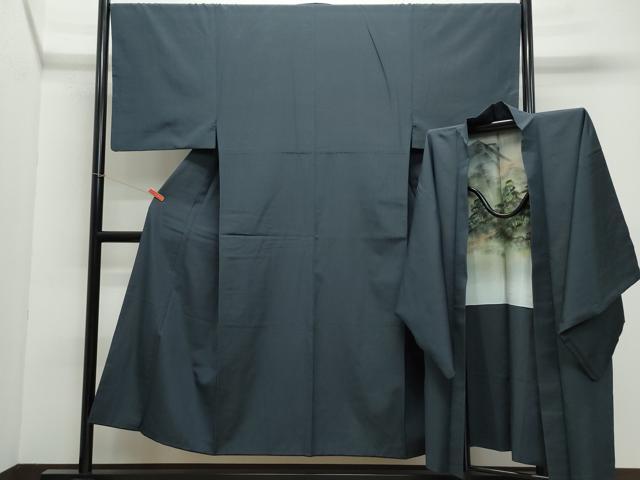 平和屋着物●男性 紬 アンサンブル 藍鉄色 正絹 逸品 CAAZ8141vf