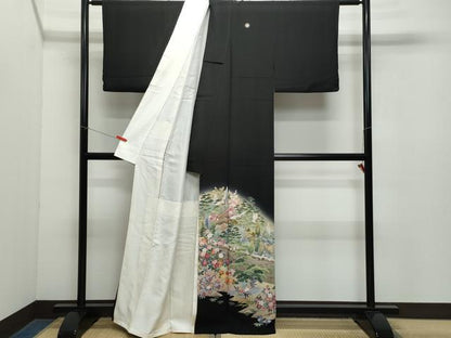 平和屋着物●豪華黒留袖　友禅　作家物　飛鶴風景草花文　正絹　逸品　CAAZ8153vf