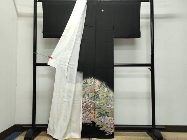 平和屋着物●豪華黒留袖　友禅　作家物　飛鶴風景草花文　正絹　逸品　CAAZ8153vf