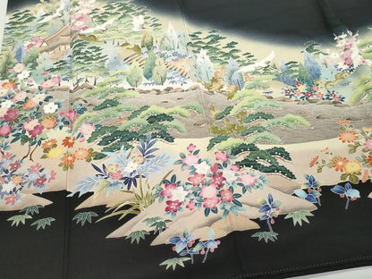 平和屋着物●豪華黒留袖　友禅　作家物　飛鶴風景草花文　正絹　逸品　CAAZ8153vf