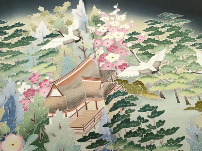 平和屋着物●豪華黒留袖　友禅　作家物　飛鶴風景草花文　正絹　逸品　CAAZ8153vf