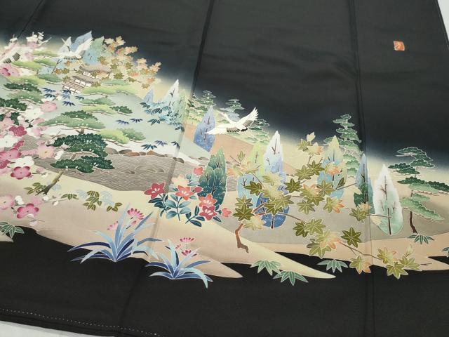 平和屋着物●豪華黒留袖　友禅　作家物　飛鶴風景草花文　正絹　逸品　CAAZ8153vf