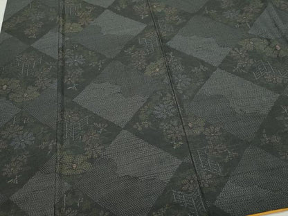 平和屋着物●結城紬　100亀甲　屏風草花文　正絹　逸品　CAAZ8155vf