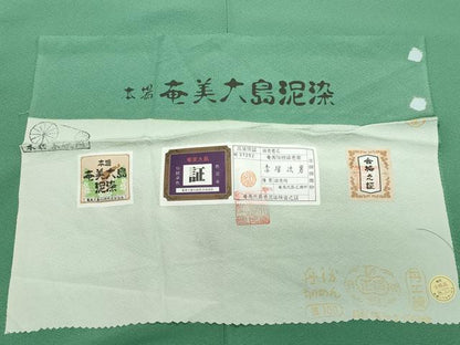 平和屋着物●本場奄美大島泥染　赤塚次男　色無地　緑青色　反端付き　正絹　逸品　CAAZ8158vf