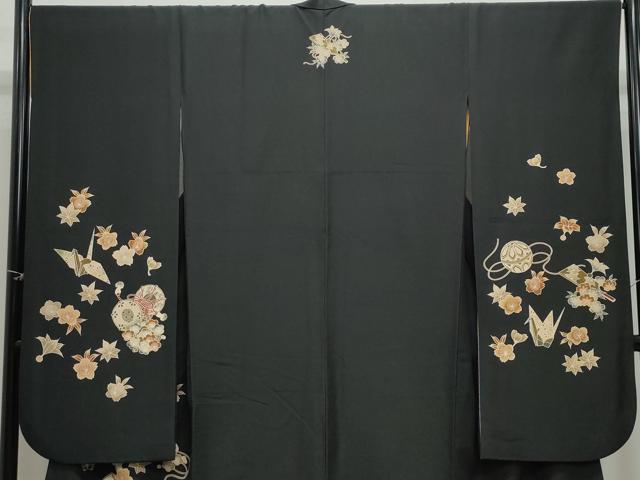 平和屋着物●豪華振袖 玩具鼓花文 黒地 洗える着物 CAAZ8178vf