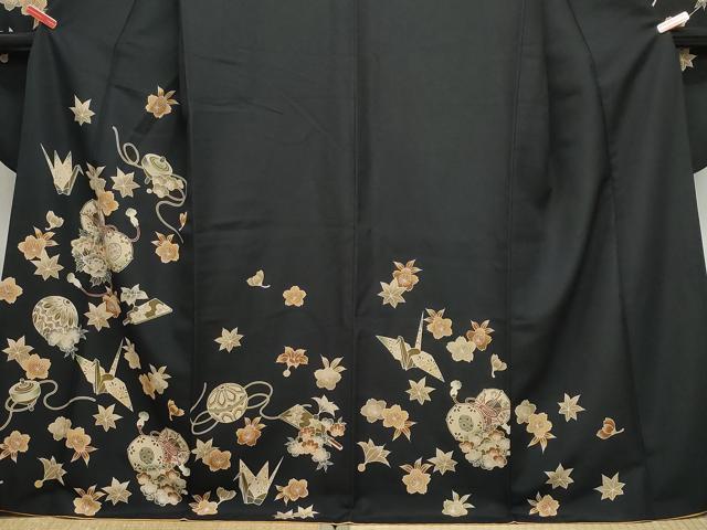 平和屋着物●豪華振袖 玩具鼓花文 黒地 洗える着物 CAAZ8178vf