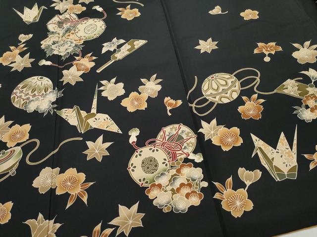 平和屋着物●豪華振袖 玩具鼓花文 黒地 洗える着物 CAAZ8178vf