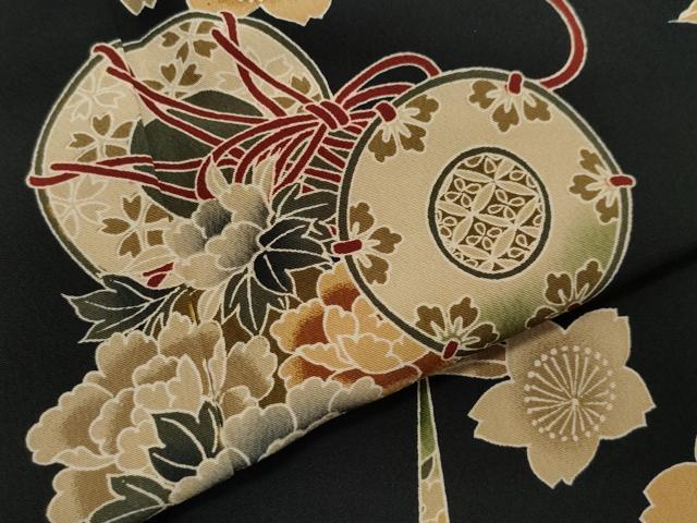 平和屋着物●豪華振袖 玩具鼓花文 黒地 洗える着物 CAAZ8178vf