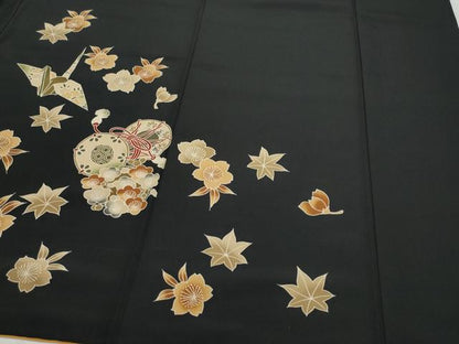 平和屋着物●豪華振袖 玩具鼓花文 黒地 洗える着物 CAAZ8178vf