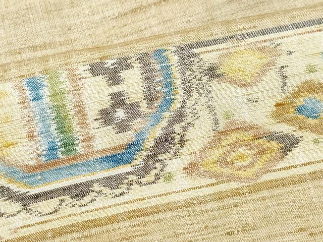 平和屋着物▽訪問着　単衣　小千谷紬地　吉祥花文　正絹　逸品　AAAZ0962jh 平和屋着物▽訪問着 単衣 紬地 駒刺繍 南天文 金彩 正絹