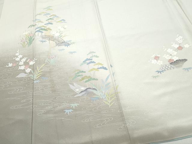 平和屋着物●訪問着 友禅 流水渡り橋草花文 暈し染め 正絹 逸品 CAAZ8286vf
