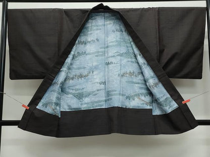 平和屋着物●男性　紬　アンサンブル　格子　赤墨色　正絹　逸品　CAAZ8331vf