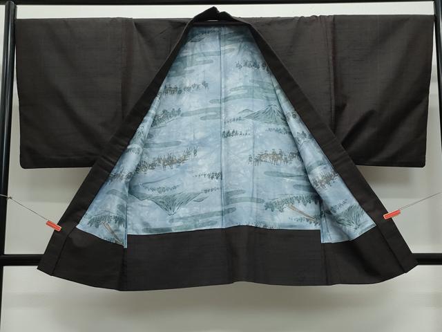 平和屋着物●男性　紬　アンサンブル　格子　赤墨色　正絹　逸品　CAAZ8331vf