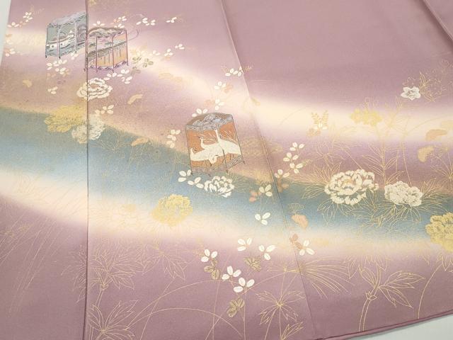 平和屋着物●訪問着　箔彩織　舞琳派　貝桶風景飛鶴花文　反端付き　金彩　正絹　逸品　CAAZ8382vf