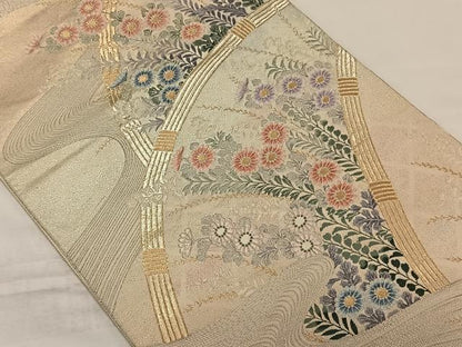 平和屋着物◎六通柄袋帯 流水草花文 金銀糸 正絹 逸品 CAAZ8495qv