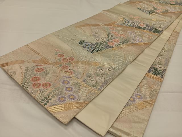 平和屋着物◎六通柄袋帯 流水草花文 金銀糸 正絹 逸品 CAAZ8495qv