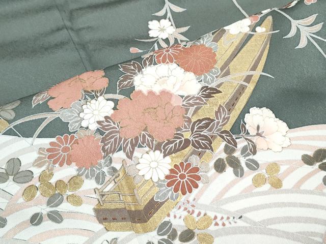 平和屋着物▽訪問着　単衣　花舟文　金彩　正絹　逸品　AABB2372fy 平和屋着物□訪問着 流水花車文 暈し染め 金彩 正絹 逸品 AABI4189sx