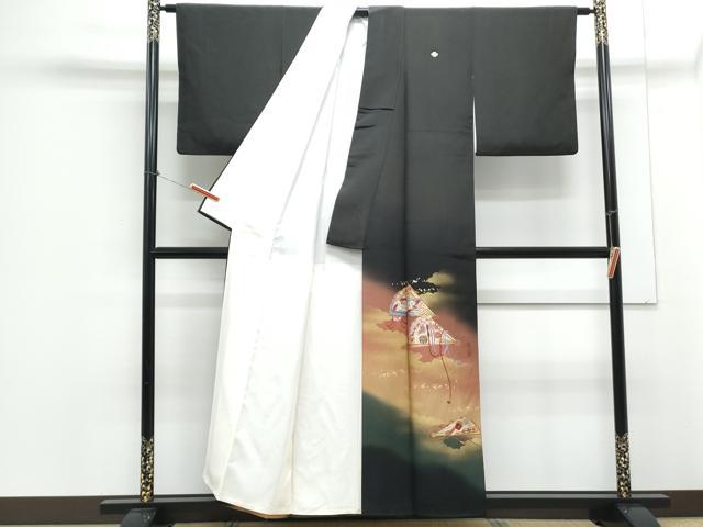 平和屋着物▼豪華黒留袖　総刺繍　扇面飛鶴花文　暈し染め　金彩　正絹　逸品　CAAZ8842th