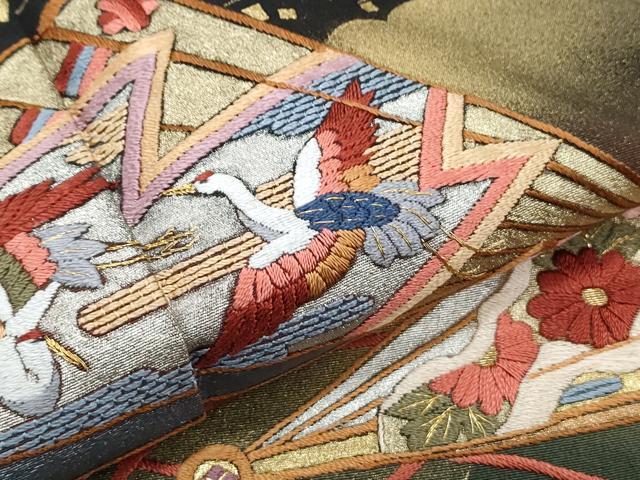 平和屋着物▼豪華黒留袖　総刺繍　扇面飛鶴花文　暈し染め　金彩　正絹　逸品　CAAZ8842th