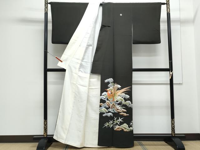 平和屋着物▽豪華黒留袖 総刺繍 尾長鶏枝松文 金銀糸 正絹 逸品