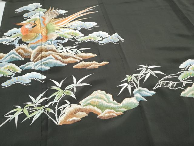 平和屋着物▽豪華黒留袖 総刺繍 尾長鶏枝松文 金銀糸 正絹 逸品