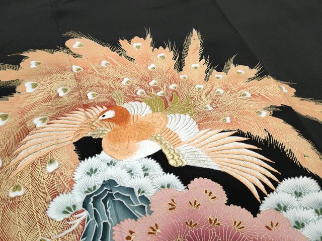 平和屋着物▼豪華黒留袖　刺繍　孔雀文　金彩　正絹　逸品　CAAZ9200th