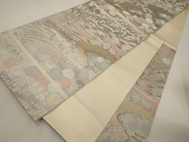 平和屋着物◎六通柄袋帯 風景花松文 プラチナ二丁箔 正絹 逸品 CABA0007oy
