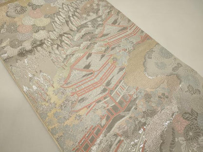 平和屋着物◎六通柄袋帯 風景花松文 プラチナ二丁箔 正絹 逸品 CABA0007oy