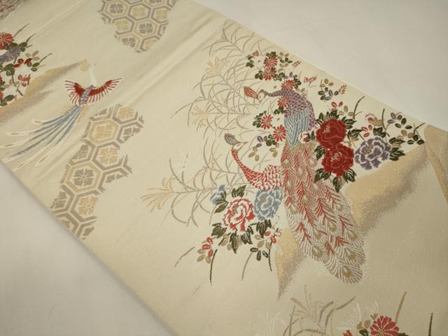 平和屋着物◎六通柄袋帯 唐織 孔雀花文 金糸 正絹 逸品 CABA0011oy