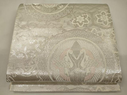 平和屋着物◎六通柄袋帯　双鶴花絵皿文　銀糸　正絹　逸品　CABA0028oy