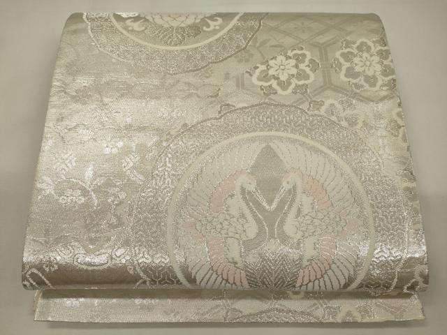 平和屋着物◎六通柄袋帯　双鶴花絵皿文　銀糸　正絹　逸品　CABA0028oy