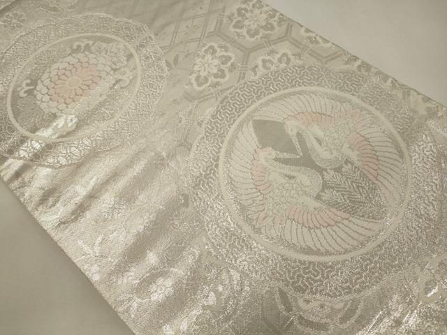 平和屋着物◎六通柄袋帯　双鶴花絵皿文　銀糸　正絹　逸品　CABA0028oy