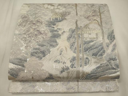 平和屋着物◎六通柄袋帯　錦袋嵯峨野　風景松葉文　銀糸　正絹　逸品　CABA0032oy