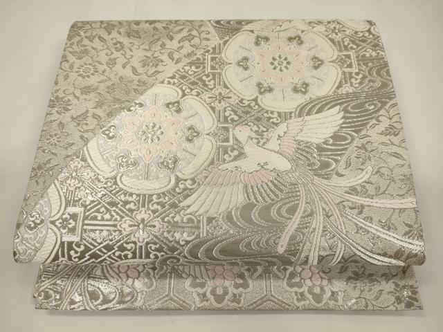 平和屋着物◎六通柄袋帯　唐織　鳳凰正倉院花文　銀糸　正絹　逸品　CABA0034oy