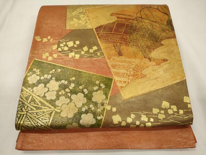 平和屋着物◎太鼓柄袋帯　駒刺繍　色紙重ね渡橋文　金彩　正絹　逸品　CABA0042oy