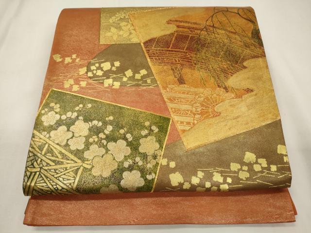 平和屋着物◎太鼓柄袋帯　駒刺繍　色紙重ね渡橋文　金彩　正絹　逸品　CABA0042oy
