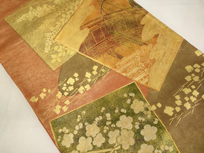平和屋着物◎太鼓柄袋帯　駒刺繍　色紙重ね渡橋文　金彩　正絹　逸品　CABA0042oy