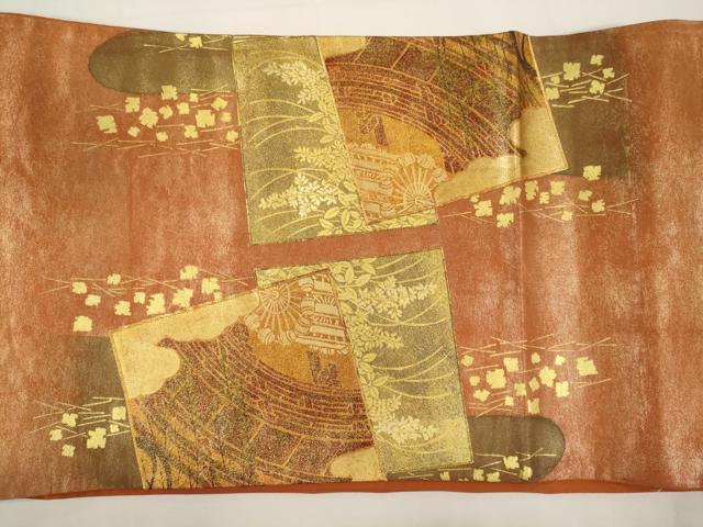 平和屋着物◎太鼓柄袋帯　駒刺繍　色紙重ね渡橋文　金彩　正絹　逸品　CABA0042oy