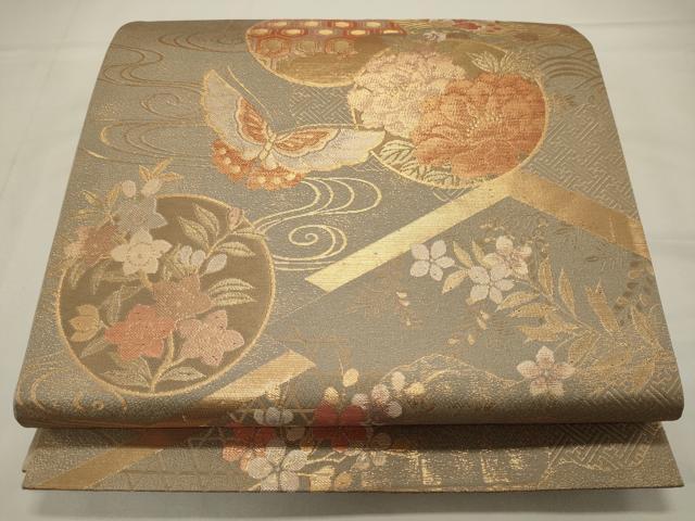 平和屋着物◎六通柄袋帯　流水花蝶丸文　金糸　正絹　逸品　CABA0046oy
