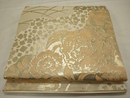 平和屋着物◎六通柄袋帯 芝草花文 金糸 正絹 逸品 CABA0082oy