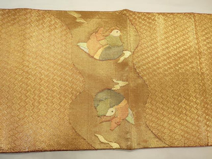 平和屋着物◎佐賀錦 太鼓柄袋帯 流水鴛鴦文 金糸 正絹 逸品 CABA0083oy