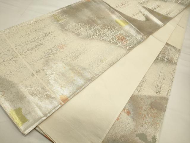 平和屋着物◎六通柄袋帯 樹林文 銀糸 引箔 正絹 逸品 CABA0086oy