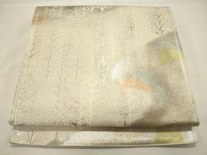 平和屋着物◎六通柄袋帯 樹林文 銀糸 引箔 正絹 逸品 CABA0086oy