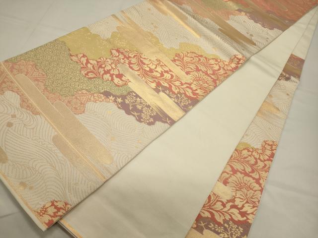平和屋着物◎六通柄　本袋帯　雲取り草花文　金糸　正絹　逸品　CABA0099oy